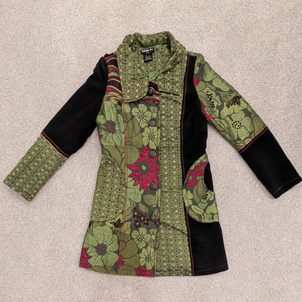 GUC Neslay Paris Women Sz S Jacquard Long Blazer Jacket Black Green Floral Fairy - Picture 2 of 11